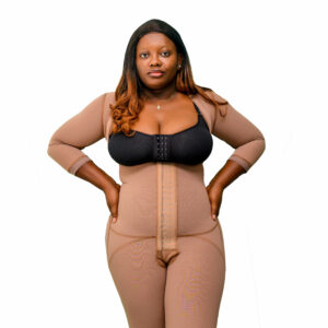 BRALESS FULL BODY ABOVE THE KNEE FAJA WITH SLEEVES AND HOOK CLOSURE